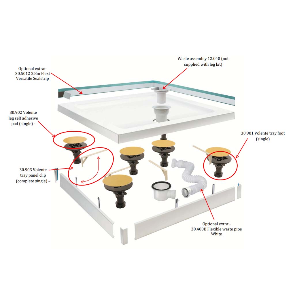 Volente Legs & Panel Kit for up to 1200mm x 1200mm Rectangular Shower Trays - White