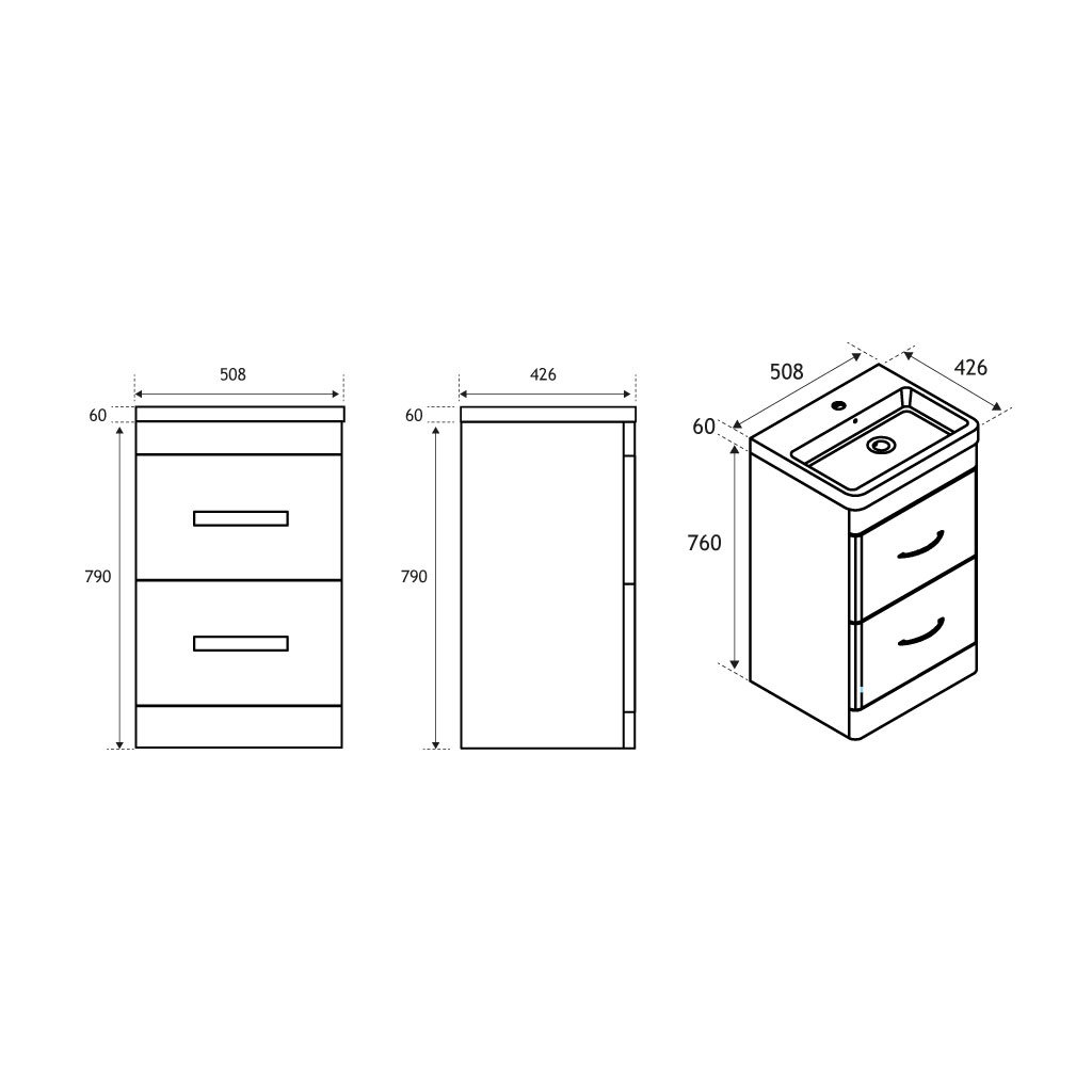 Cavone 50CM 2 Drawer Basin Vanity Unit - Matt Grey