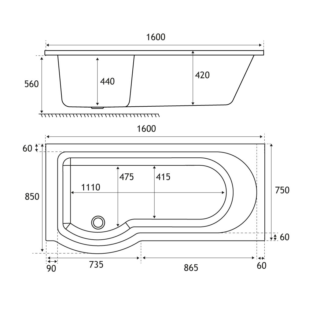 Portland 1600 x 850 x 440mm Left hand (LH) P-Shaped 5mm Shower Bath - White