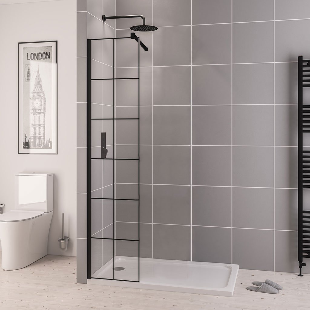 Vantage 2000 8mm Easy Clean 2000mm x 300mm Framed Walk-In Shower Panel - Matt Black