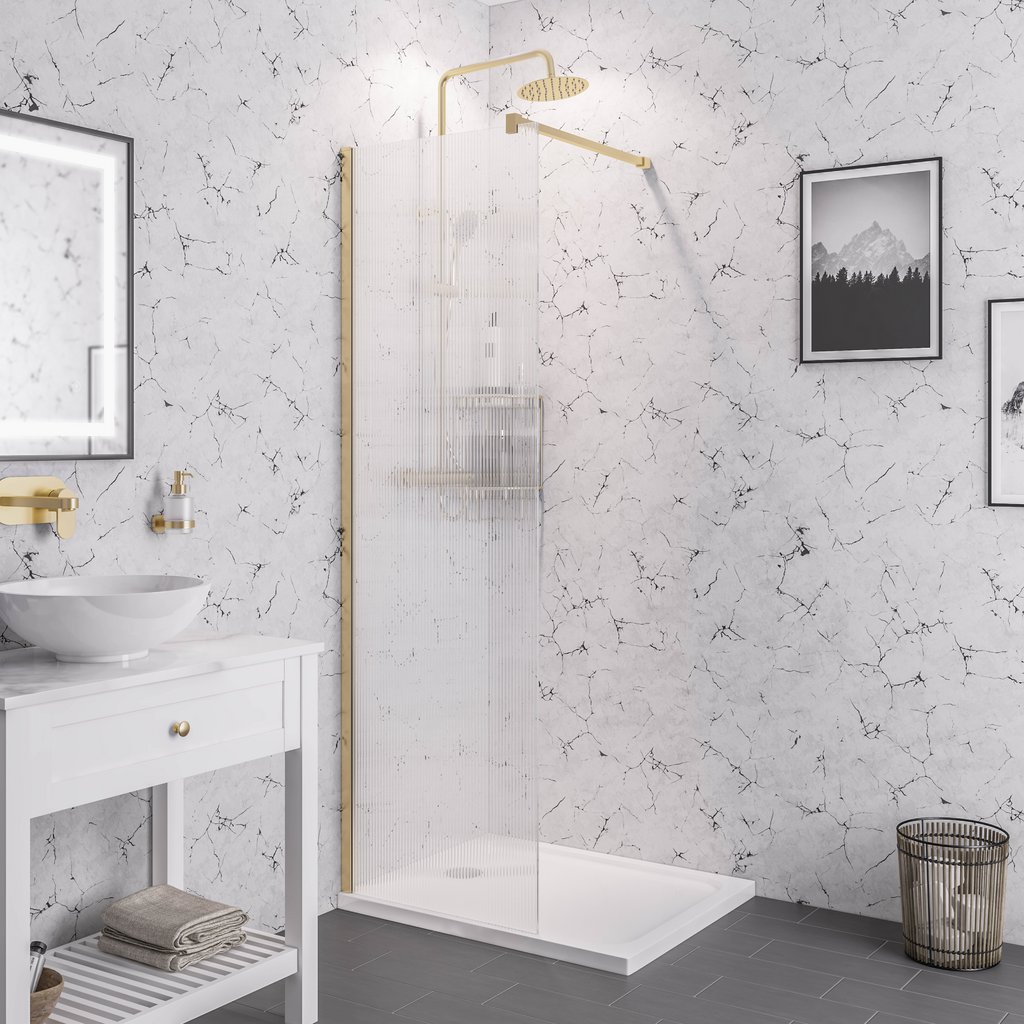 Vantage 2000 8mm Easy Clean 2000mm x 900mm Walk-In Shower Panel with Fluted Glass - Brushed Brass