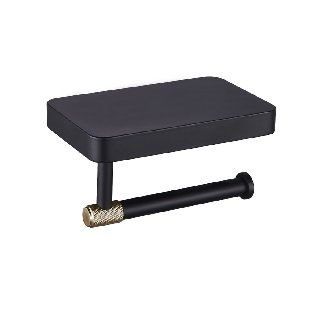 Catania Toilet Roll Holder with Shelf Matt Black/Brushed Brass