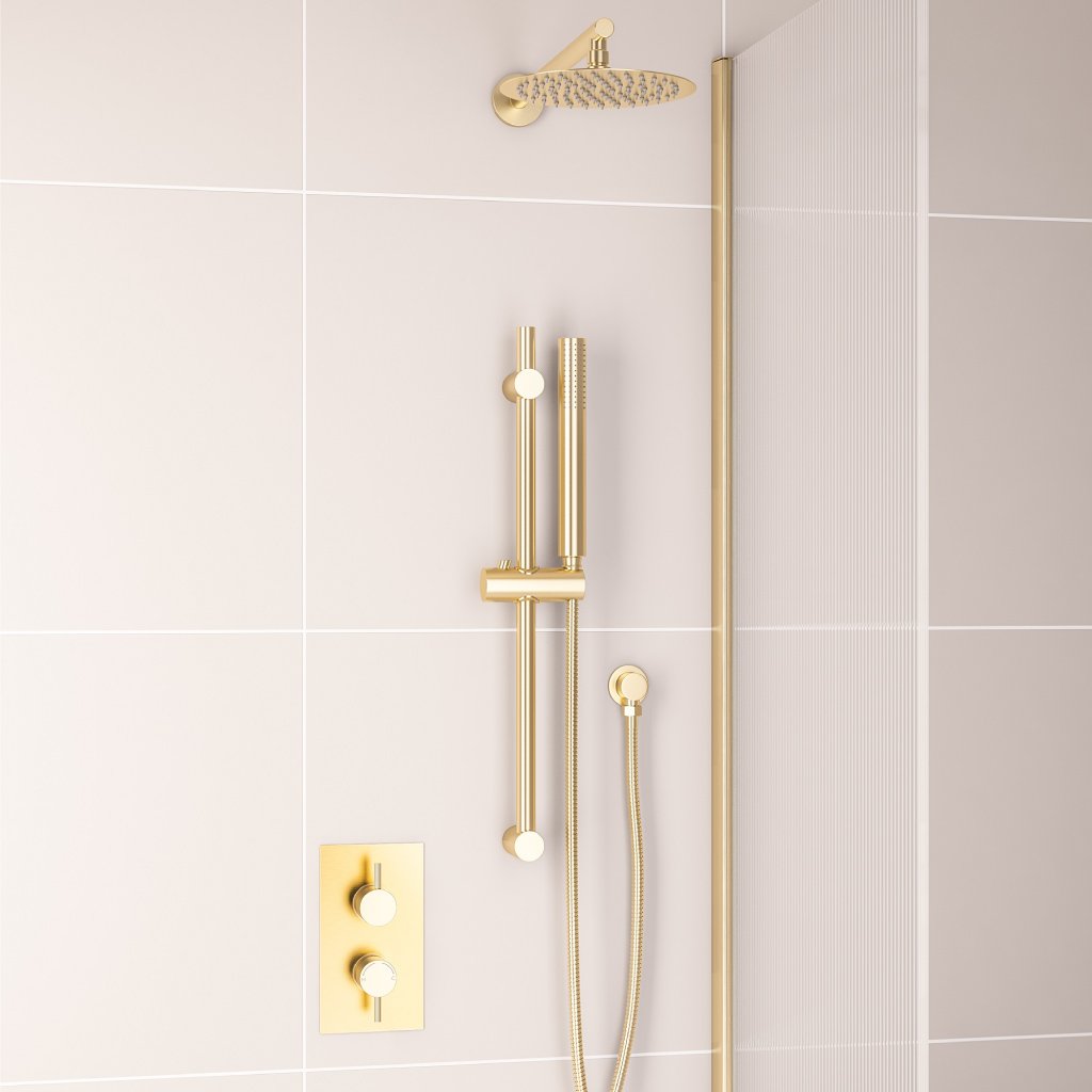 Round Thermostatic Shower Bundle with Shower Head, Valve, Round Riser Kit & Handset - Brushed Brass