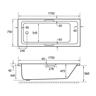 Portland Single Ended (SE) Twin Grip (TG) 1750 x 750 x 440mm 5mm Bath - White