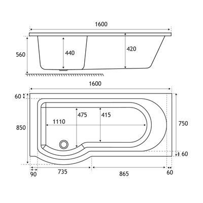 Portland 1600 x 850 x 440mm Left hand (LH) P-Shaped 5mm Shower Bath - White