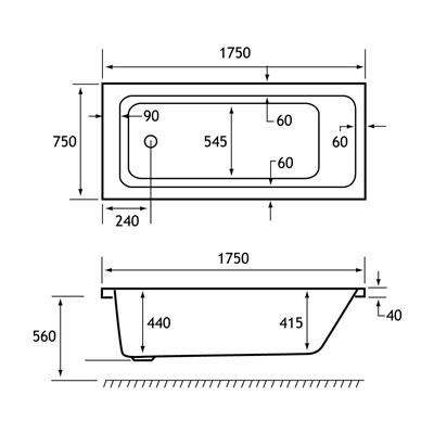 Portland Single Ended (SE) 1750 x 750 x 440mm  Bath - White