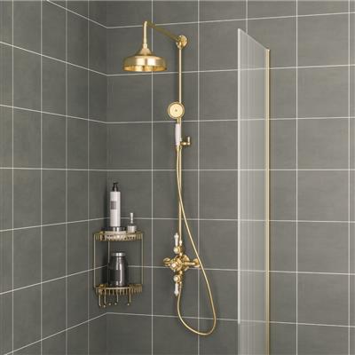 Traditional Twin Thermostatic exposed shower Valve with Rigid riser with 8'' Rose Head - Brushed Brass