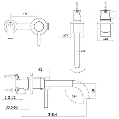 Meriden Wall Mounted Basin Mixer Tap with Curved Spout Brushed Brass 