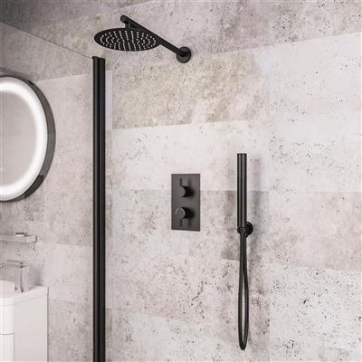 Round Thermostatic Shower Bundle with Shower Head, Valve & Handset - Matt Black